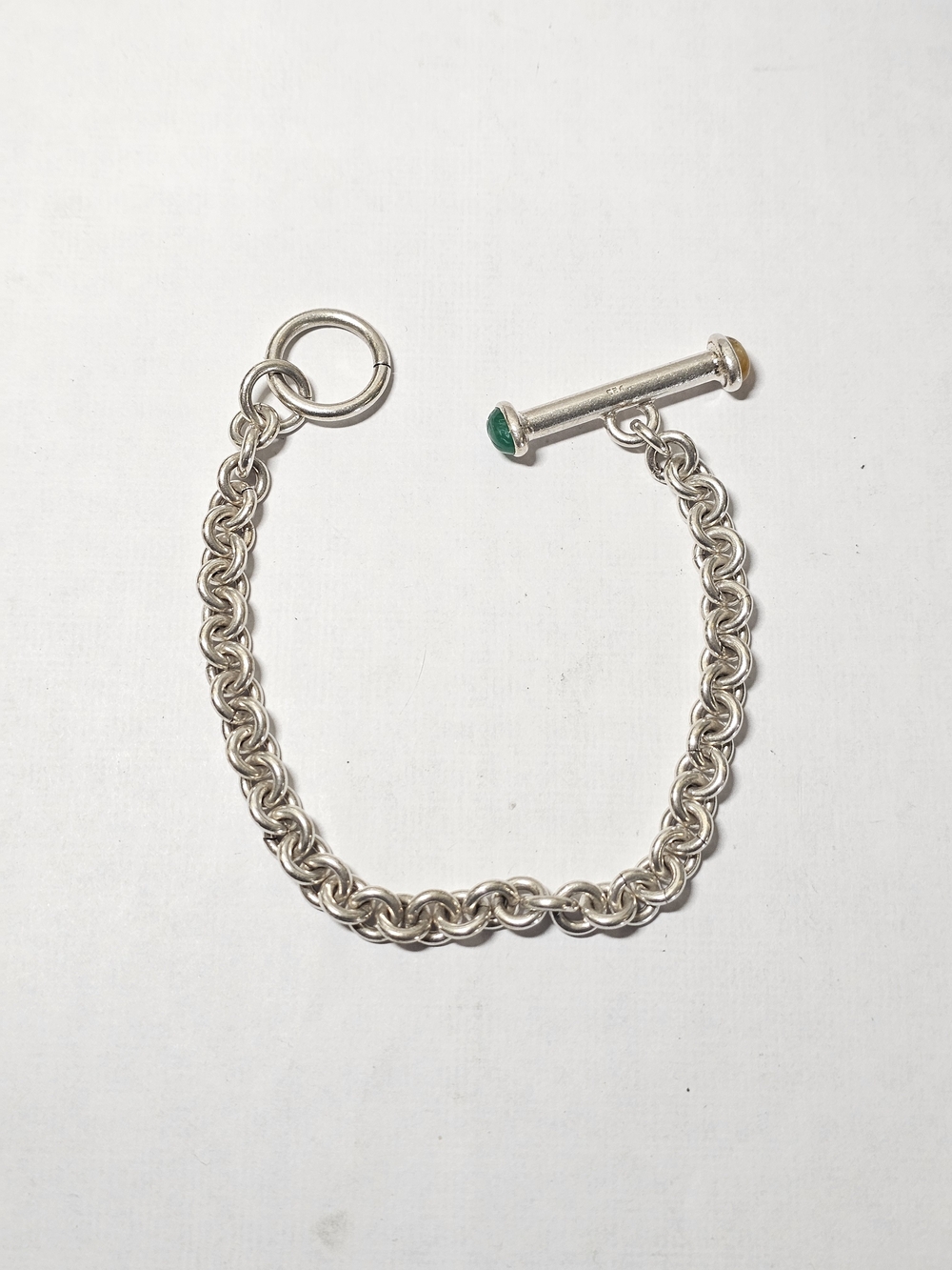 Sterling Silver 925 Chain Toggle Bracelet with Green Accent 8in Length